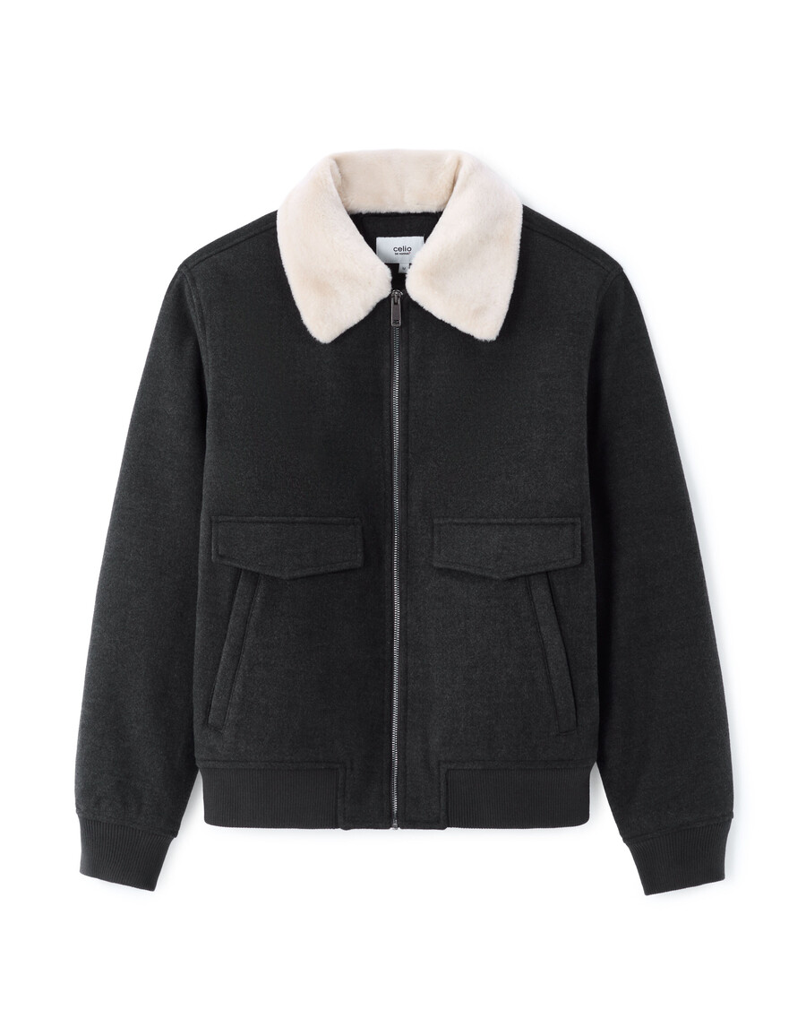 chaqueta de mezcla de lana con cuello de piel