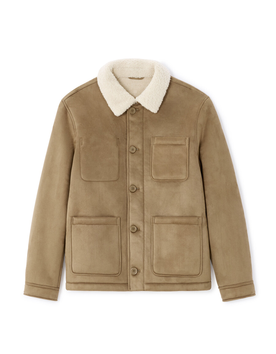 chaqueta de trabajo de ante sintético color topo con forro de sherpa
