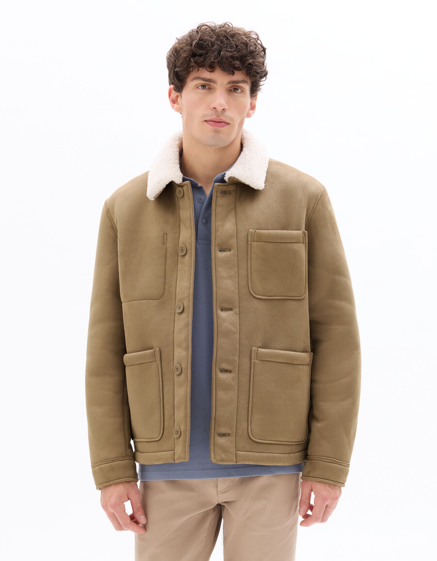 chaqueta de trabajo de ante sintético color topo con forro de sherpa