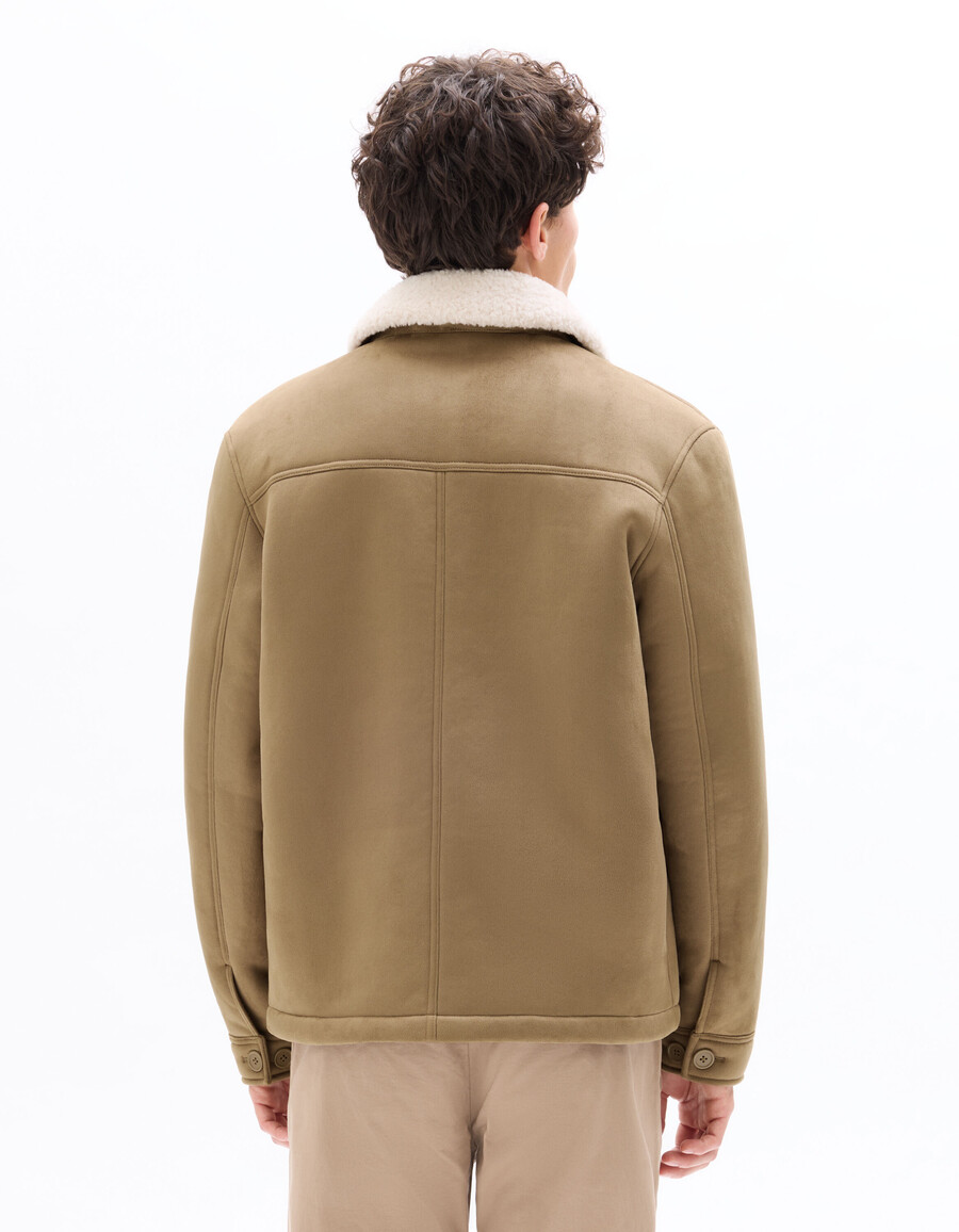 chaqueta de trabajo de ante sintético color topo con forro de sherpa