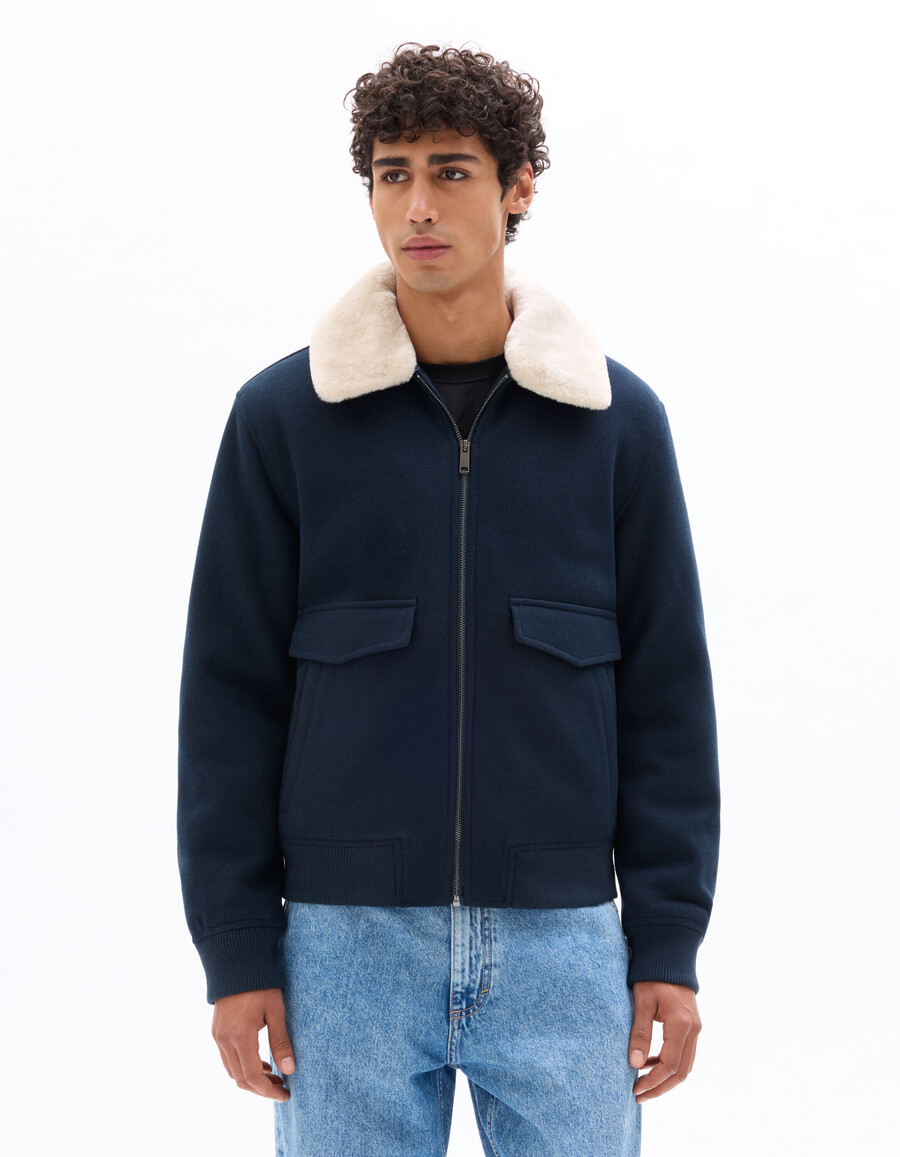 chaqueta de mezcla de lana con cuello de piel