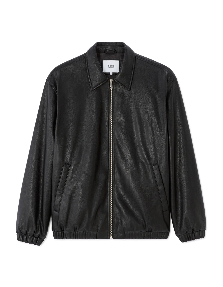 chaqueta negra de ante sintético con cuello camisero