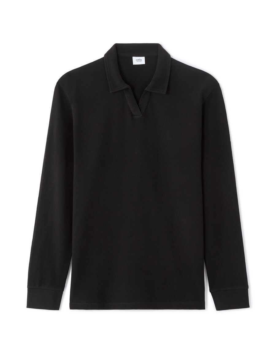 polo piqué de manga larga 100 algodón corte regular color negro