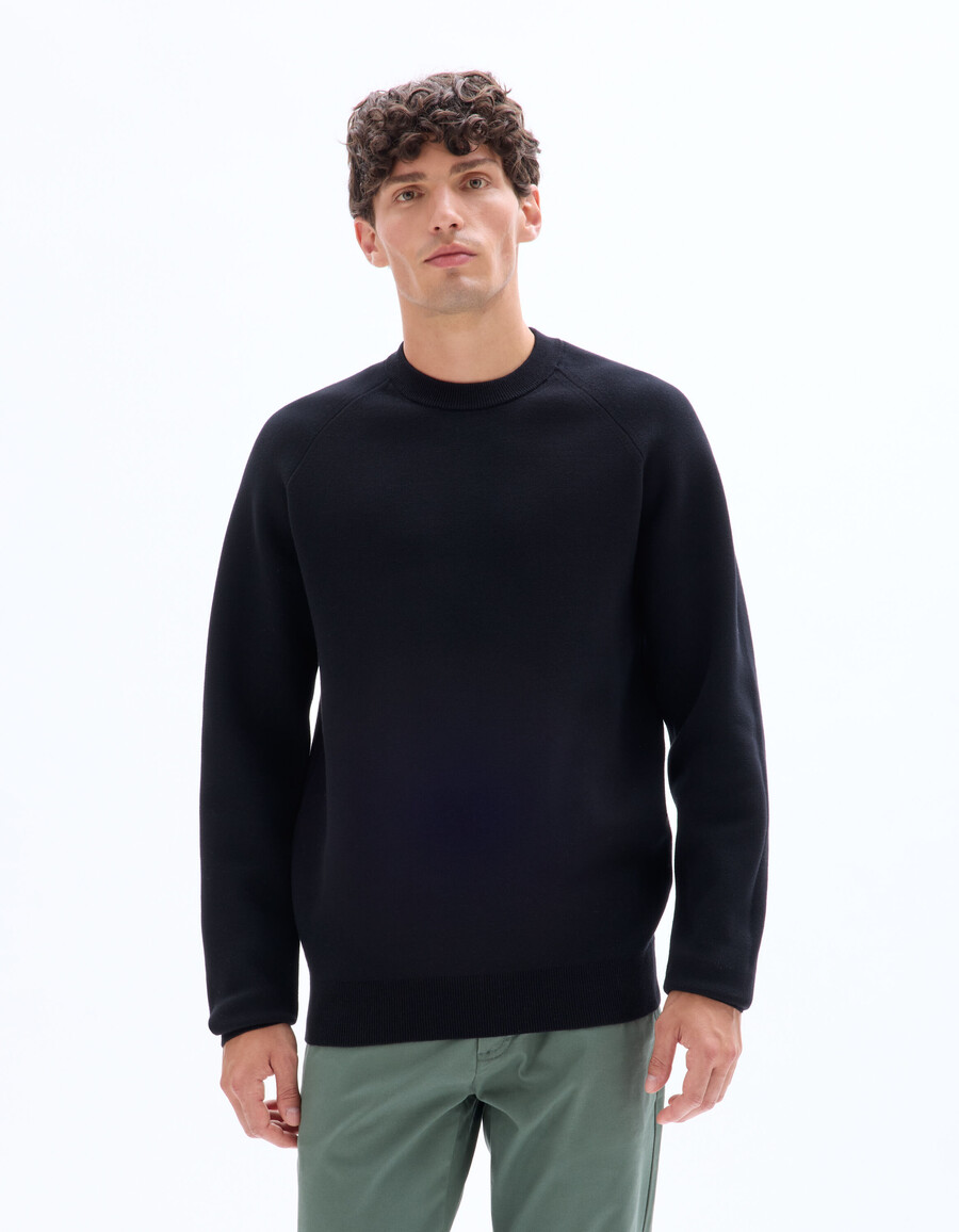suéter negro liso de cuello redondo en mezcla de algodón