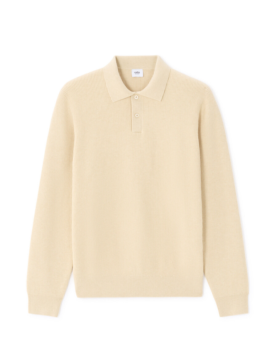 suéter de cuello polo acanalado beige