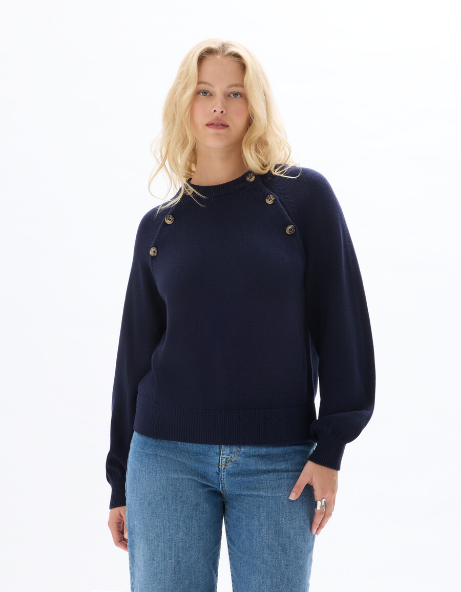 suéter de cuello redondo para mujer con botones decorativos