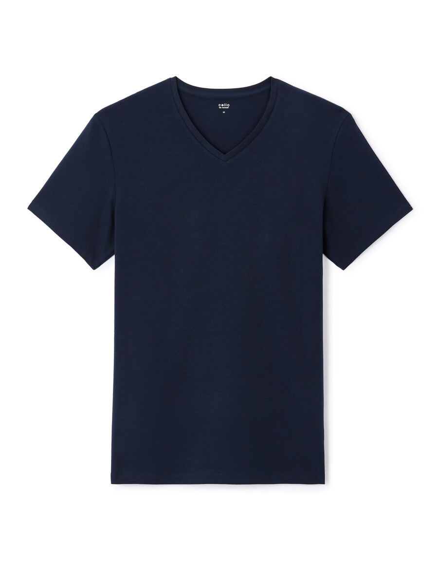 camiseta de algodón elástico con cuello en v y corte entallado manga larga