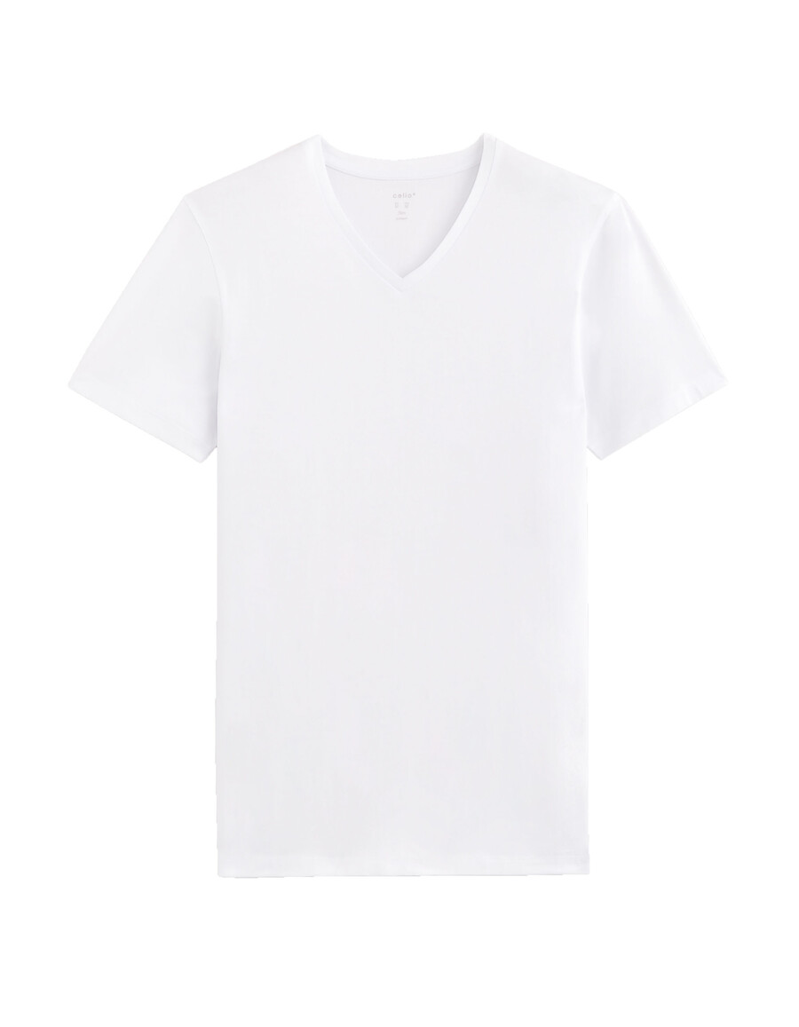 camiseta de algodón elástico con cuello en v y corte entallado manga larga