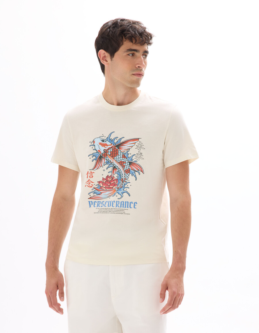 camiseta de cuello redondo de corte regular 100 algodón estampado asiático